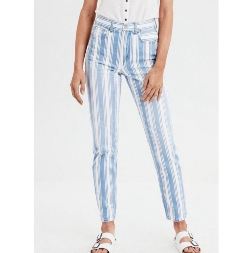 American Eagle Stripe High Waisted Mom Jeans Sz 10 Blue White